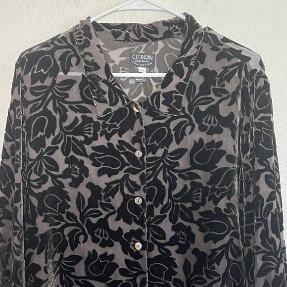 Citron Santa Monica Medium Floral Velvet Semi Shear Silk Button Up Tunic R8 - Picture 2 of 6